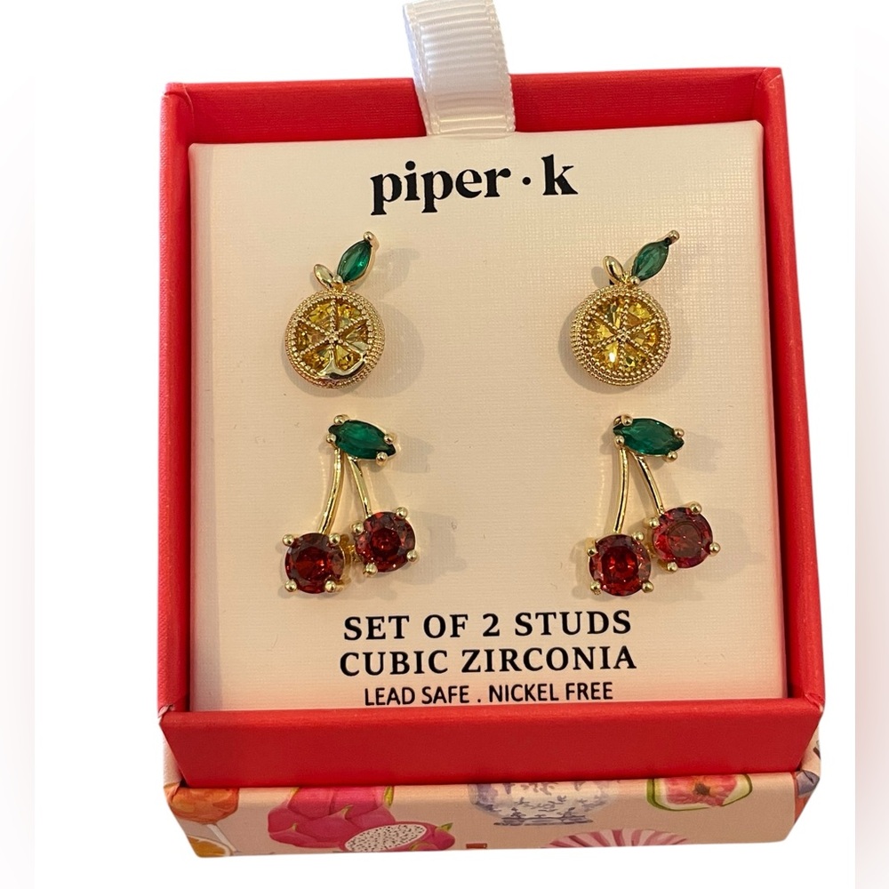 PIPER K Set of Two Cherry and Lemon Stud Earrings